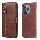 For iPhone 14 Pro Fashion Calf Texture Zipper Horizontal Flip Leather Phone Case(Brown) - 1