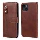 For iPhone 14 Fashion Calf Texture Zipper Horizontal Flip Leather Phone Case (Brown) - 1