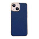 For iPhone 14 Plus Genuine Leather Luolai Series Nano Electroplating Phone Case (Dark Blue) - 1