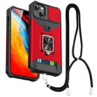 For iPhone 14 Plus Lanyard Slide Camshield Ring Card Phone Case (Red) - 1