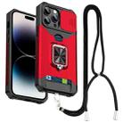 For iPhone 14 Pro Lanyard Slide Camshield Ring Card Phone Case(Red) - 1