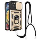 For iPhone 14 Lanyard Slide Camshield Ring Phone Case (Gold) - 1