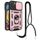 For iPhone 14 Lanyard Slide Camshield Ring Phone Case (Rose Gold) - 1