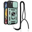 For iPhone 14 Lanyard Slide Camshield Ring Phone Case (Dark Green) - 1