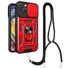 For iPhone 14 Plus Lanyard Slide Camshield Ring Phone Case (Red) - 1