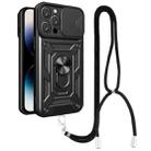 For iPhone 14 Pro Max Lanyard Slide Camshield Ring Phone Case (Black) - 1