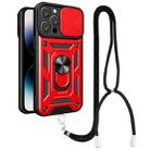 For iPhone 14 Pro Max Lanyard Slide Camshield Ring Phone Case (Red) - 1