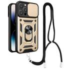 For iPhone 14 Pro Max Lanyard Slide Camshield Ring Phone Case (Gold) - 1