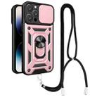 For iPhone 14 Pro Max Lanyard Slide Camshield Ring Phone Case (Rose Gold) - 1