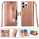 For iPhone 14 Pro Multifunctional Zipper Horizontal Flip Leather Case(Rose Gold) - 1