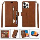 For iPhone 14 Pro Multifunctional Zipper Horizontal Flip Leather Case(Brown) - 1