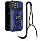 For iPhone 14 Lanyard Slide Camshield Card Phone Case (Royal Blue) - 1