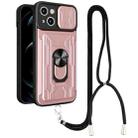 For iPhone 14 Plus Lanyard Slide Camshield Card Phone Case (Rose Gold) - 1