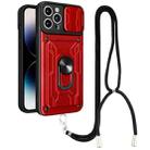 For iPhone 14 Pro Max Lanyard Slide Camshield Card Phone Case (Red) - 1