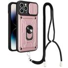 For iPhone 14 Pro Max Lanyard Slide Camshield Card Phone Case (Rose Gold) - 1