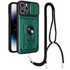 For iPhone 14 Pro Max Lanyard Slide Camshield Card Phone Case (Dark Green) - 1