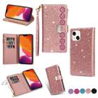 For iPhone 14 Multi-card Slots Laser Carving Glitter Zipper Leather Case (Rose Gold) - 1