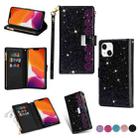 For iPhone 14 Multi-card Slots Laser Carving Glitter Zipper Leather Case (Black) - 1