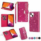 For iPhone 14 Multi-card Slots Laser Carving Glitter Zipper Leather Case Max(Rose Red) - 1