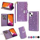 For iPhone 14 Multi-card Slots Laser Carving Glitter Zipper Leather Case Max(Purple) - 1