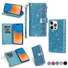 For iPhone 14 Pro Multi-card Slots Laser Carving Glitter Zipper Leather Case(Sky Blue) - 1