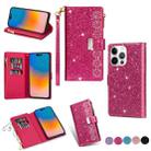 For iPhone 14 Pro Multi-card Slots Laser Carving Glitter Zipper Leather Case(Rose Red) - 1