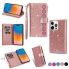 For iPhone 14 Pro Multi-card Slots Laser Carving Glitter Zipper Leather Case(Rose Gold) - 1