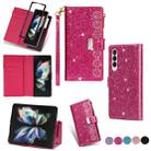 For Samsung Galaxy Z Fold 4 Multi-card Slots Laser Carving Glitter Zipper Leather Case(Rose Red) - 1