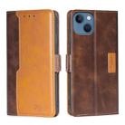 For iPhone 14 Plus Contrast Color Side Buckle Leather Phone Case (Dark Brown + Gold) - 1