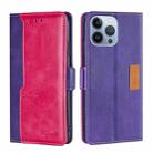 For iPhone 14 Pro Contrast Color Side Buckle Leather Phone Case(Purple + Rose Red) - 1