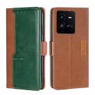 For vivo iQOO 10 Pro 5G Contrast Color Side Buckle Leather Phone Case(Light Brown + Green) - 1