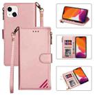 For iPhone 14 Zipper Multi-card Slots Horizontal Flip Leather Case (Rose Gold) - 1