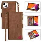 For iPhone 14 Zipper Multi-card Slots Horizontal Flip Leather Case (Brown) - 1