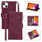 For iPhone 14 Zipper Multi-card Slots Horizontal Flip Leather Case (Wine Red) - 1