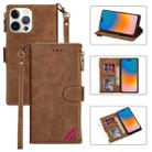 For iPhone 14 Pro Zipper Multi-card Slots Horizontal Flip Leather Case(Brown) - 1