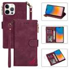 For iPhone 14 Pro Zipper Multi-card Slots Horizontal Flip Leather Case(Wine Red) - 1