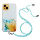 For iPhone 14 Hollow Marble Pattern TPU Shockproof Protective Case with Neck Strap Rope (Yellow) - 1
