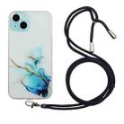 For iPhone 14 Plus Hollow Marble Pattern TPU Shockproof Protective Case with Neck Strap Rope(Blue) - 1