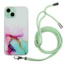 For iPhone 14 Plus Hollow Marble Pattern TPU Shockproof Protective Case with Neck Strap Rope(Green) - 1