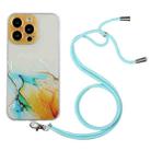 For iPhone 14 Pro Hollow Marble Pattern TPU Shockproof Protective Case with Neck Strap Rope(Yellow) - 1