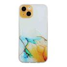 For iPhone 14 Hollow Marble Pattern TPU Straight Edge Fine Hole Protective Case (Yellow Blue) - 1