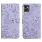 For Motorola Moto G32 HT03 Skin Feel Butterfly Embossed Flip Leather Phone Case(Purple) - 1