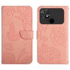 For Xiaomi Poco C40 HT03 Skin Feel Butterfly Embossed Flip Leather Phone Case(Pink) - 1