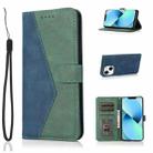 For iPhone 14 Plus Dual-color Stitching Leather Phone Case (Blue Green) - 1