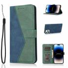 For iPhone 14 Pro Max Dual-color Stitching Leather Phone Case (Blue Green) - 1