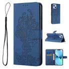 For iPhone 14 Tiger Flower Embossing Leather Phone Case (Royal Blue) - 1