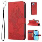 For iPhone 14 Tiger Flower Embossing Leather Phone Case (Red) - 1