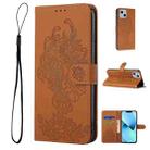 For iPhone 14 Tiger Flower Embossing Leather Phone Case (Brown) - 1