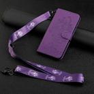 For iPhone 14 Plus Tiger Flower Embossing Lanyard Leather Phone Case (Purple) - 1