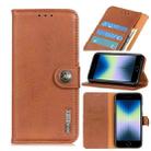 For iPhone SE 2022 / SE 2020 KHAZNEH Cowhide Texture PU + TPU Left and Right Open Leather Case with Bracket & Line Card and Wallet(Brown) - 1